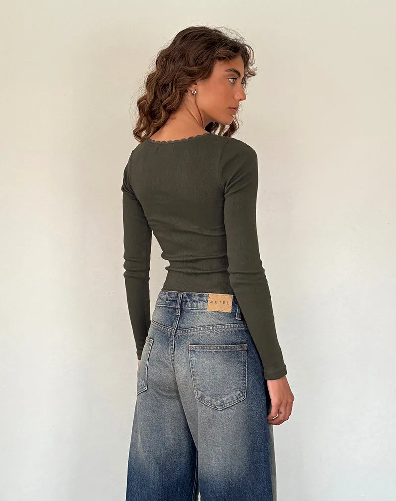 Bovita Long Sleeve Ribbed Top in Olive