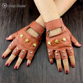 Brown Star Studded Punk Rock Biker Womens Fingerless Leather Gloves #3035