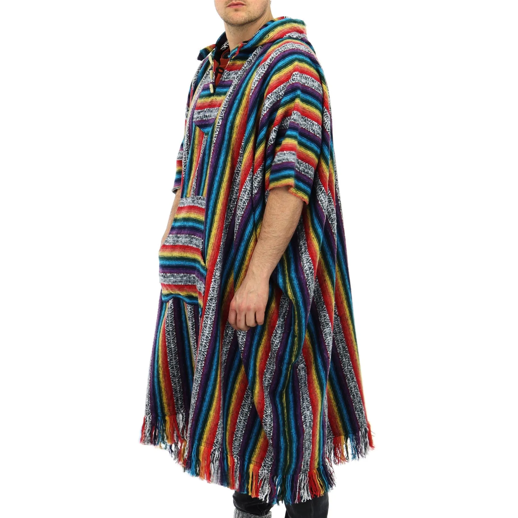 Brushed Cotton Long Hooded Poncho - Rainbow