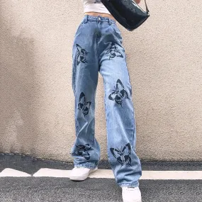 Butterfly Print High Waist Wide Leg Denim Jeans