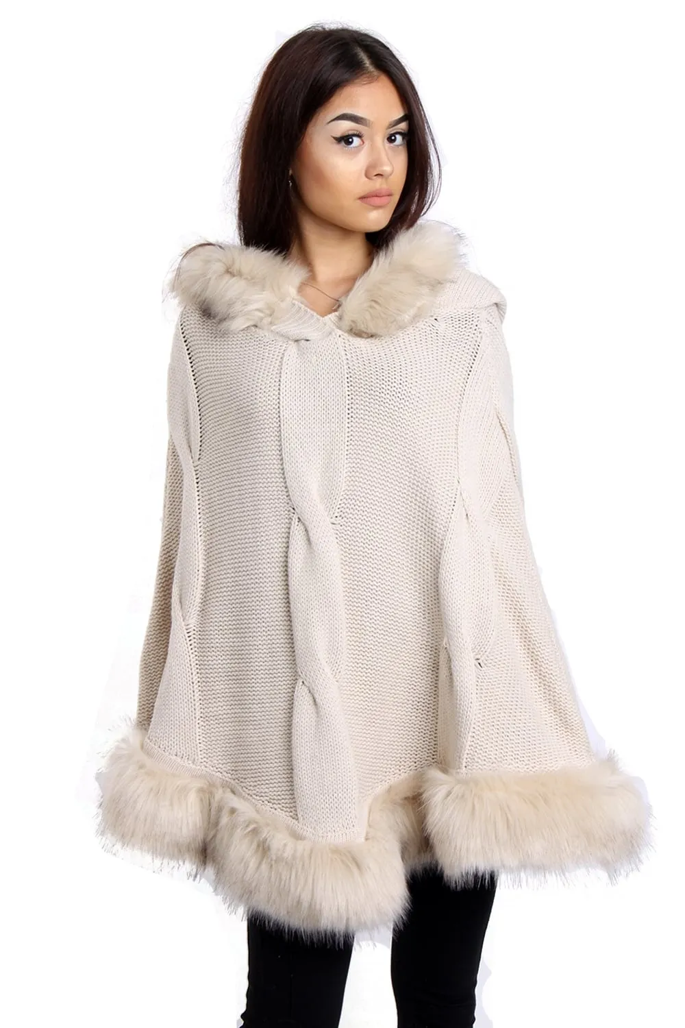 Cable Knitted Hooded Fur Trim Poncho Cape