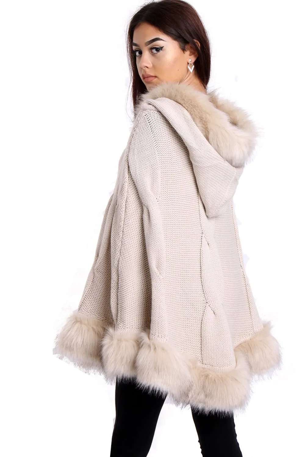 Cable Knitted Hooded Fur Trim Poncho Cape