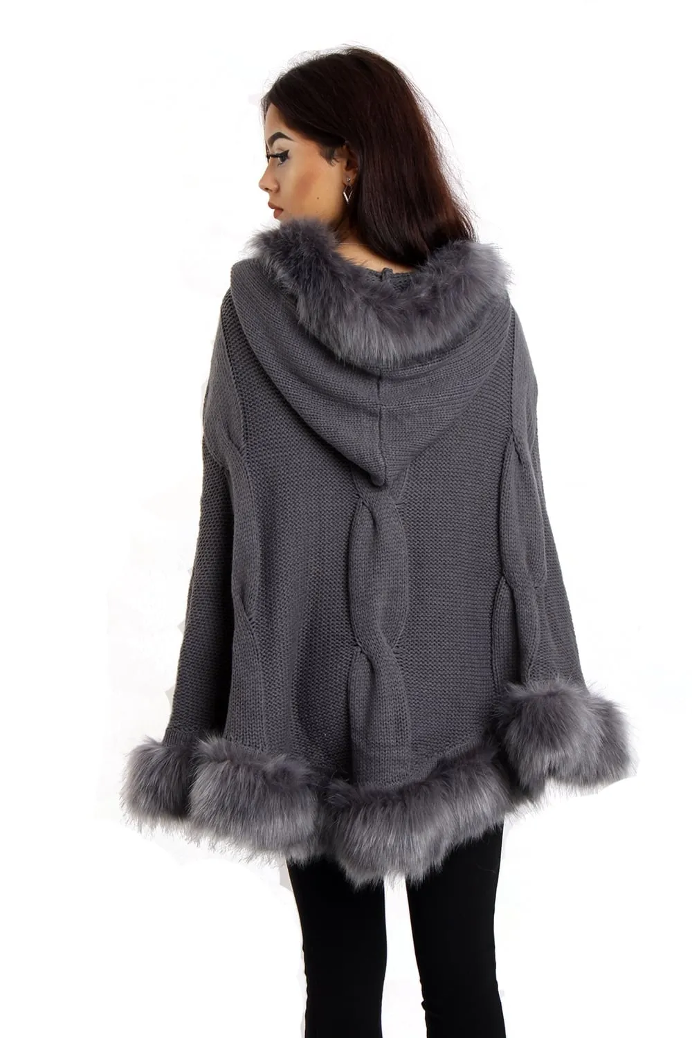 Cable Knitted Hooded Fur Trim Poncho Cape