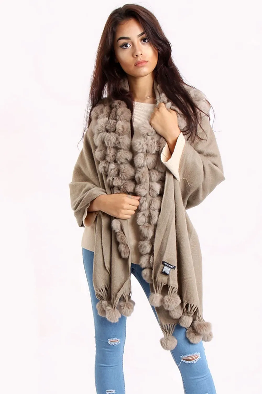 Cashmere & Wool Shawl With Multiple Fur Pom Poms