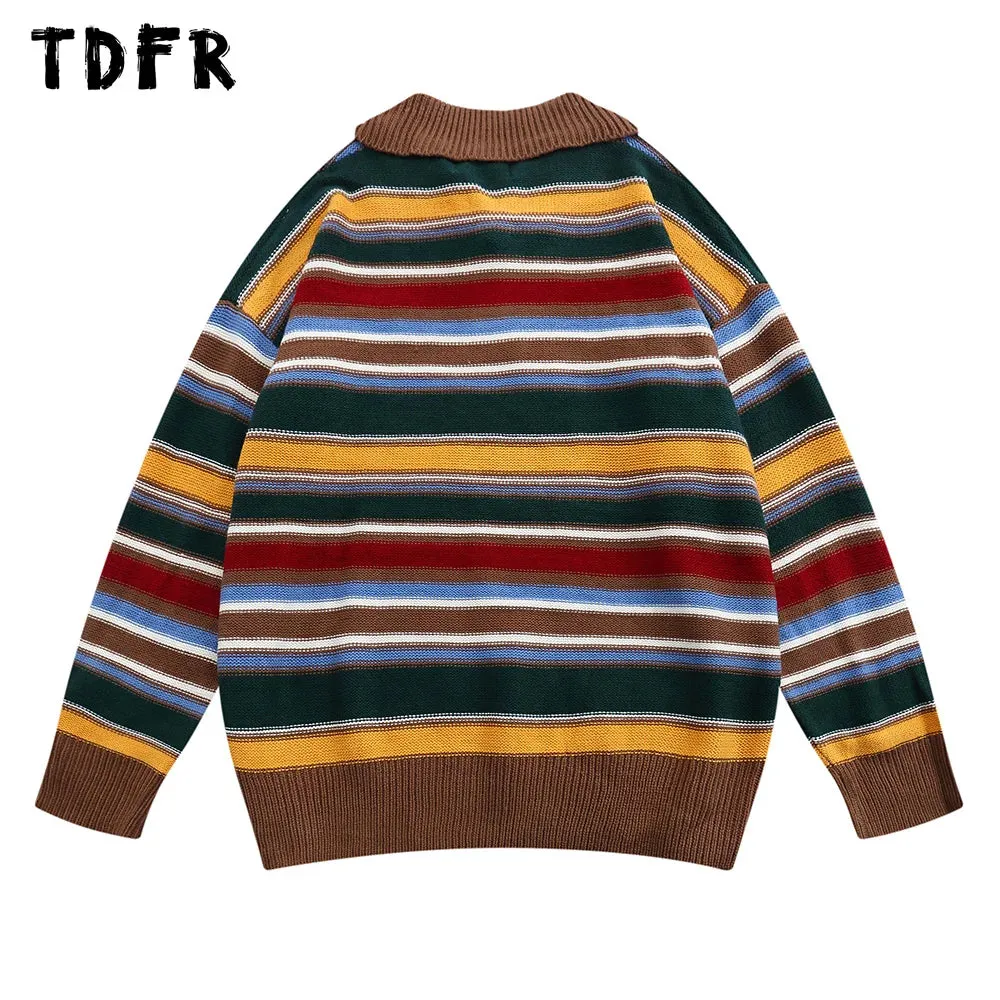 Casual Loose Lapel Striped Sweater with Long Sleeves