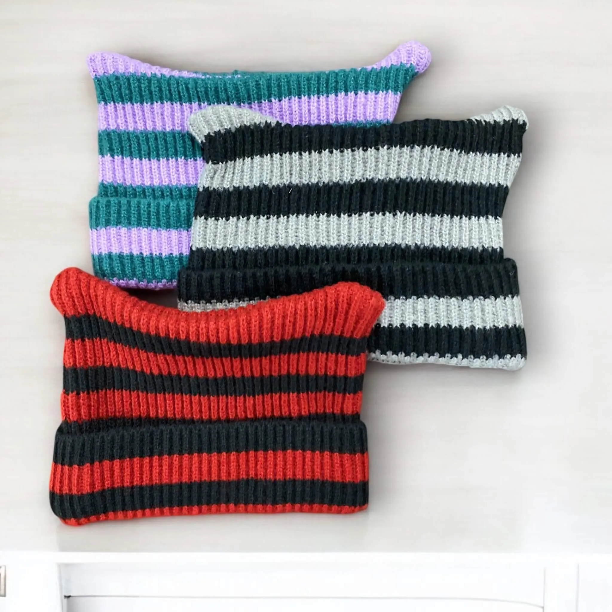 Cat Ears Striped Knitted Beanies