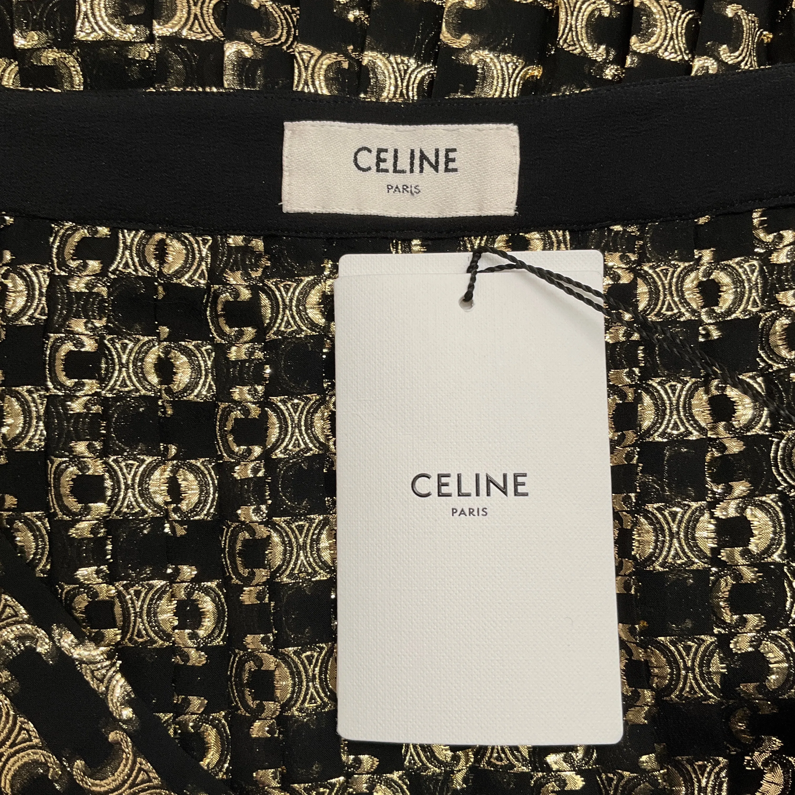 Celine Black / Gold Logo Jacquard Pleated Midi Skirt