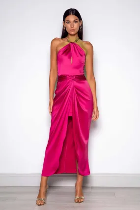 Chain Halter Satin Maxi Dress - Pink