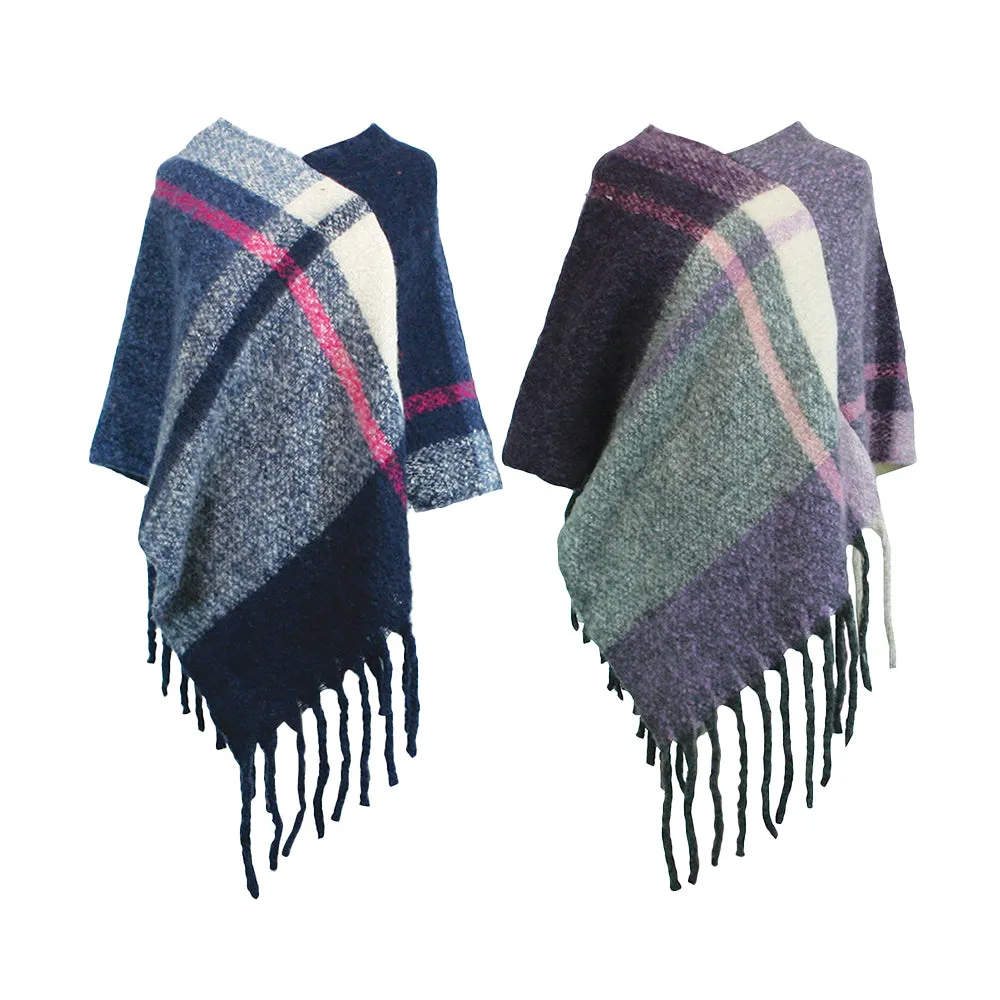 Check poncho with fringe