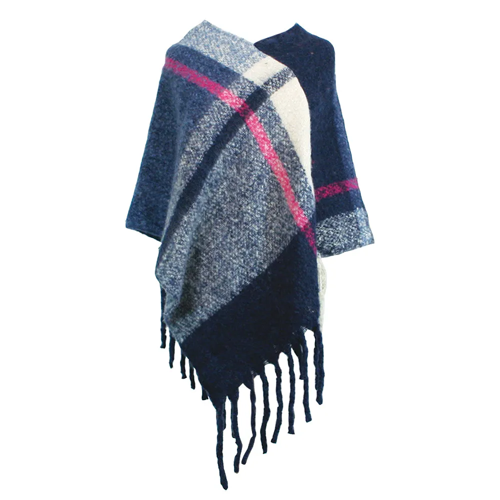 Check poncho with fringe