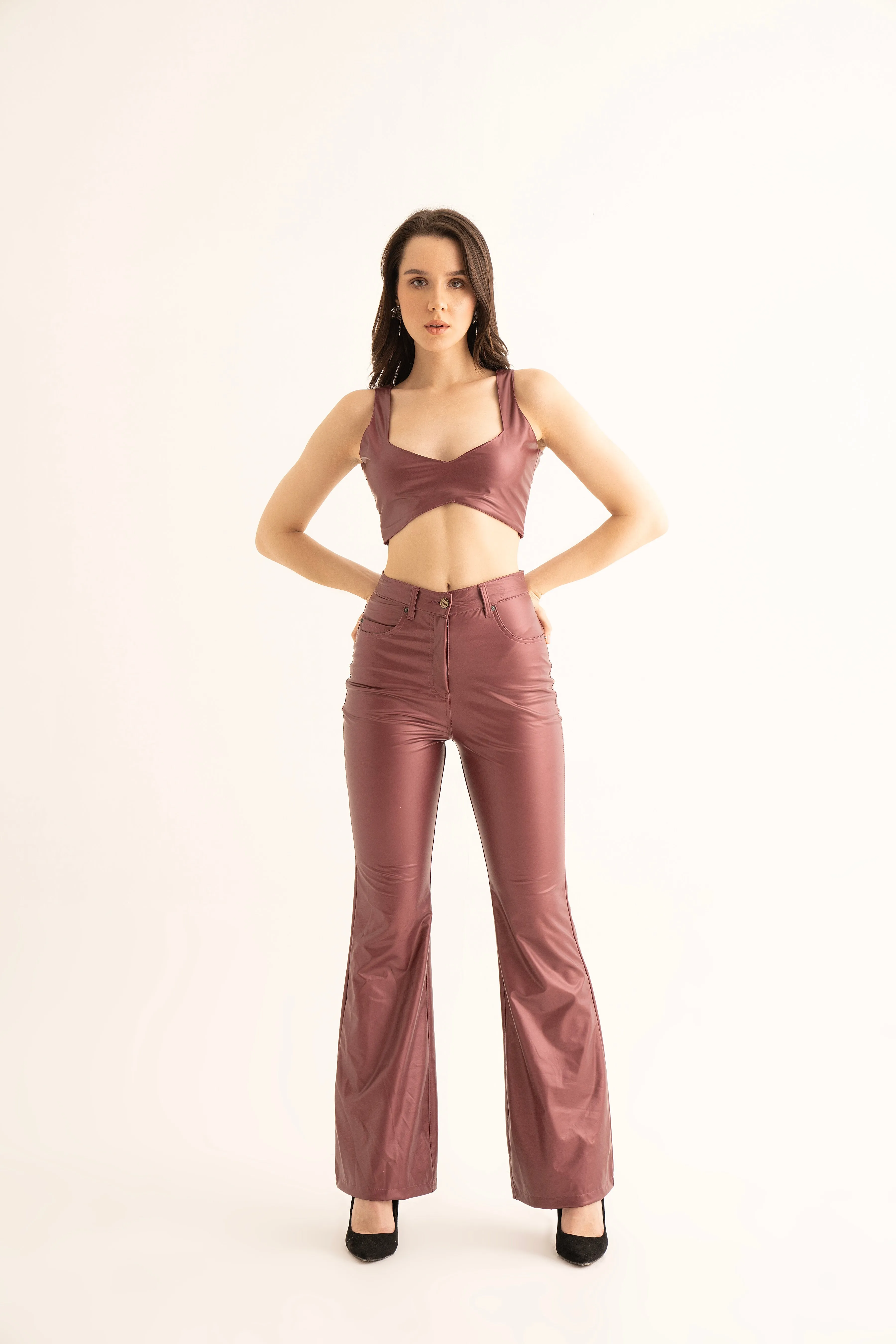 Cherry Red Faux Leather Flared Pants