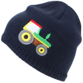 Childrens Fine Knit Beanie Hat with Embroidered Tractor - Navy