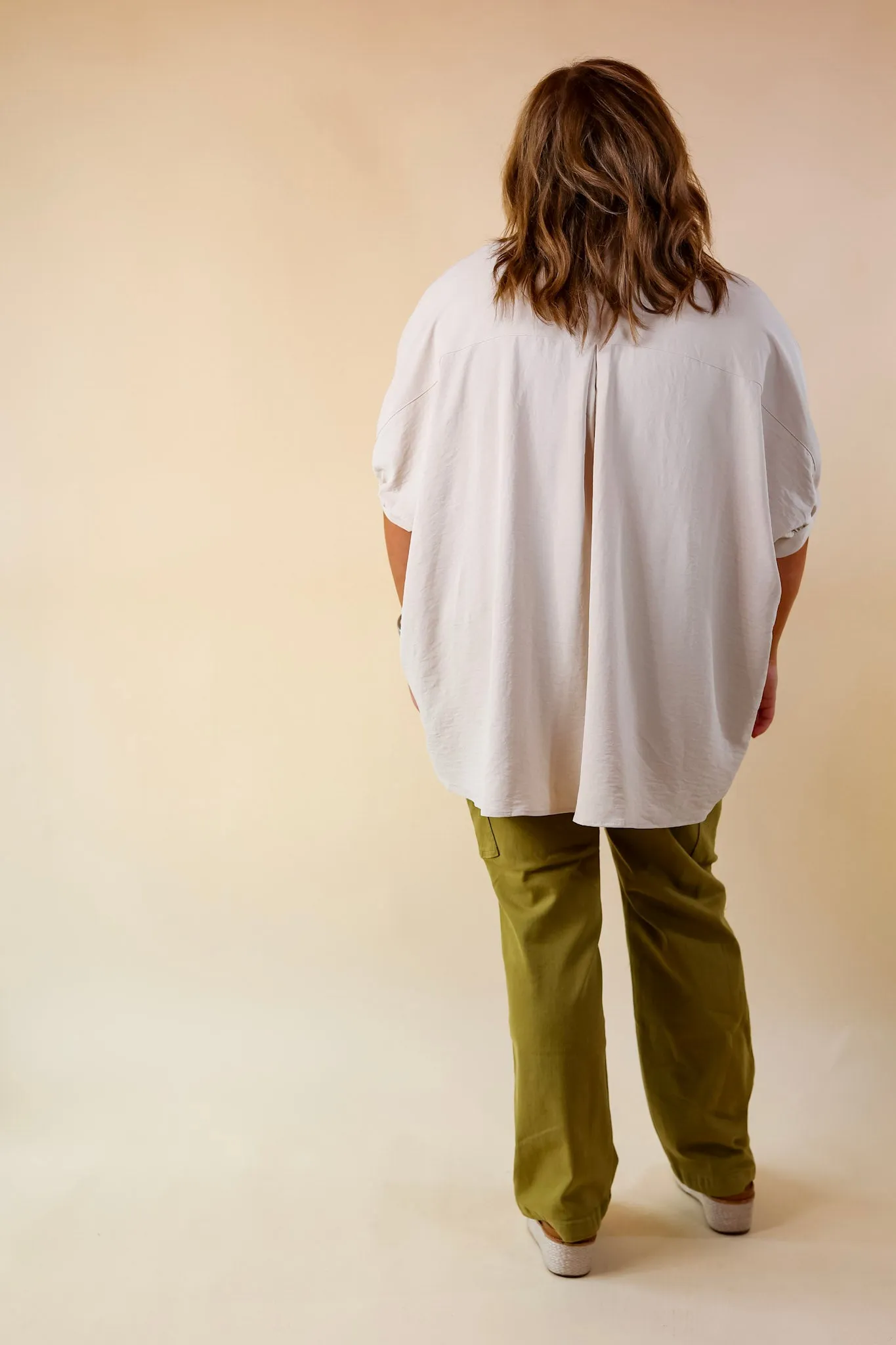 City Lifestyle Button Up Half Sleeve Poncho Top in Cream