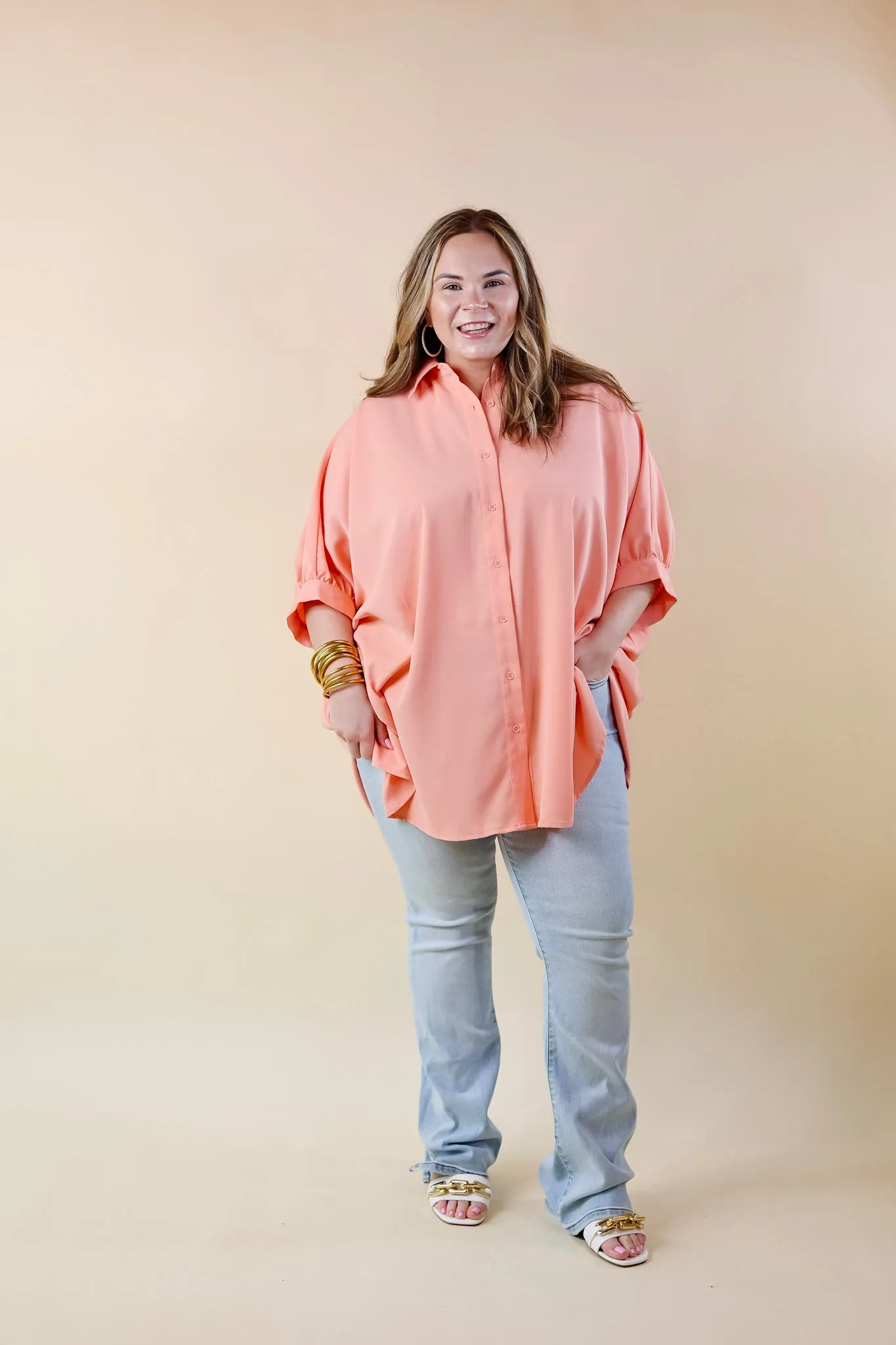 City Lifestyle Button Up Half Sleeve Poncho Top in Peach Fuzz