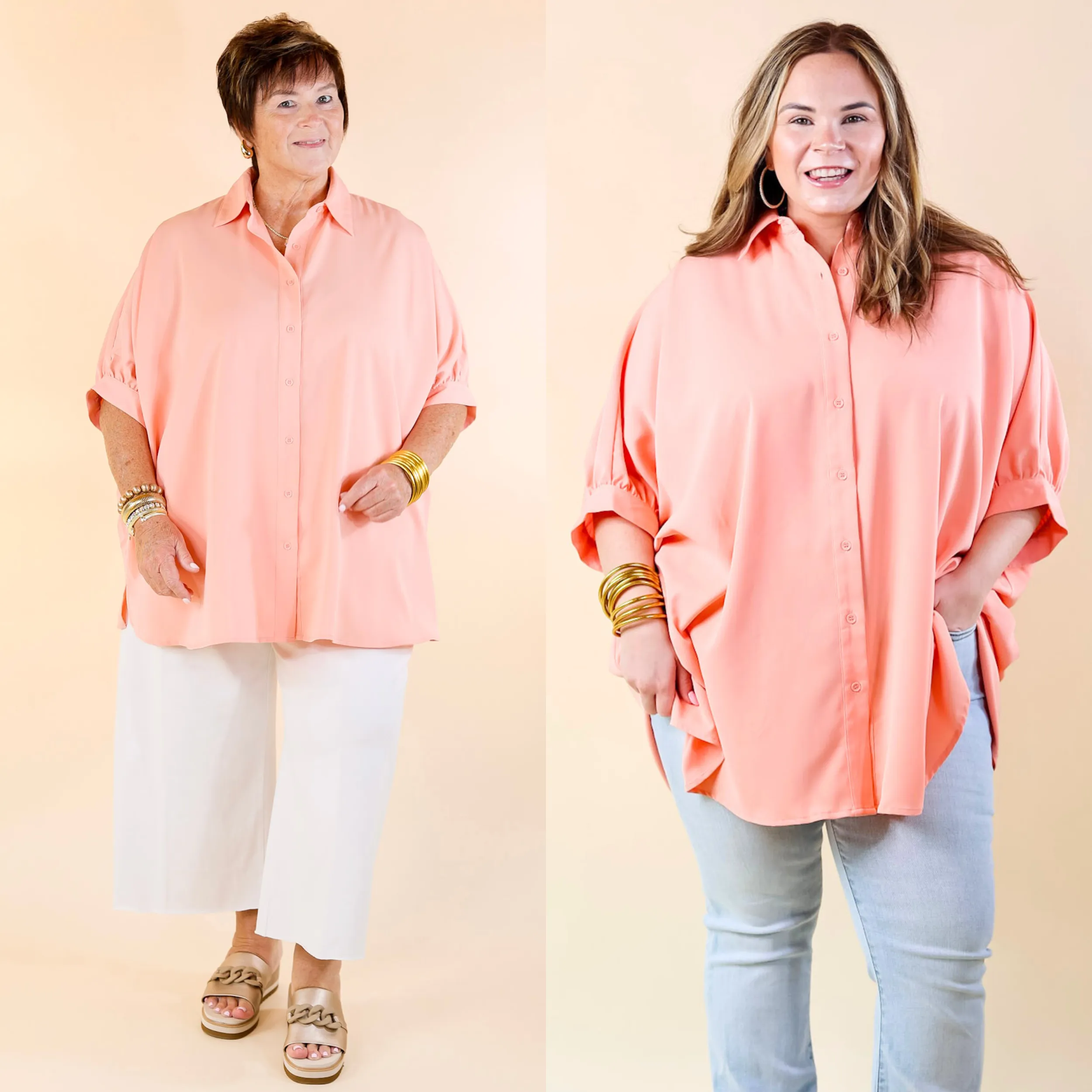 City Lifestyle Button Up Half Sleeve Poncho Top in Peach Fuzz