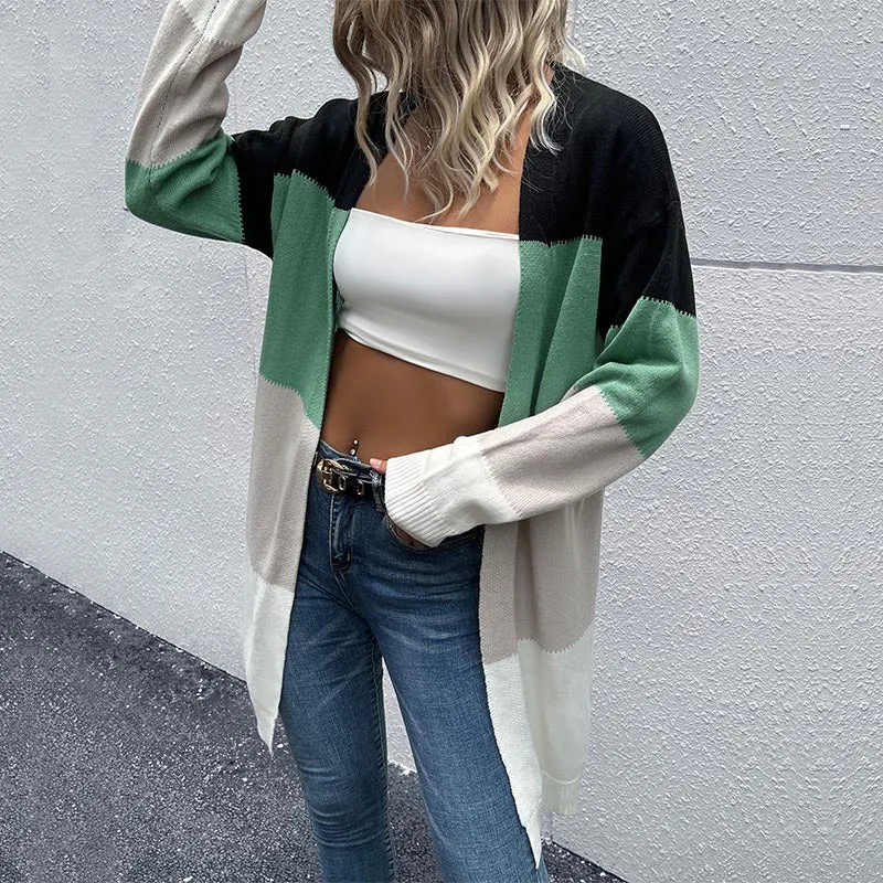 Color Block Ribbed Trim Open Front Longline Cardigan