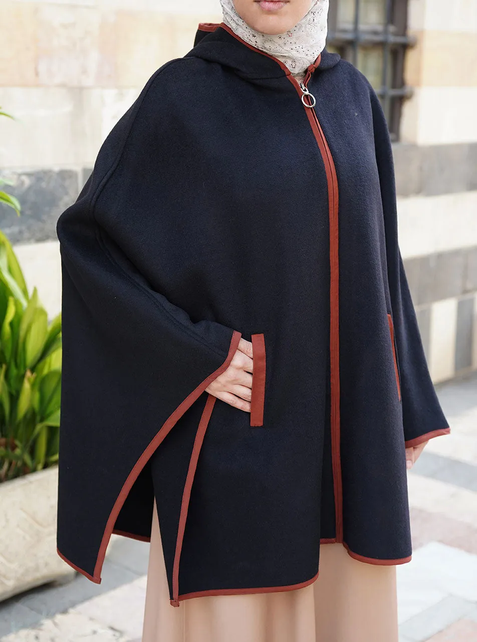 Contrast Trim Hooded Wool Poncho