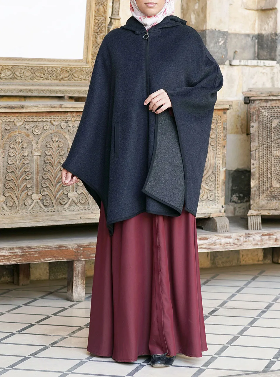 Contrast Trim Hooded Wool Poncho