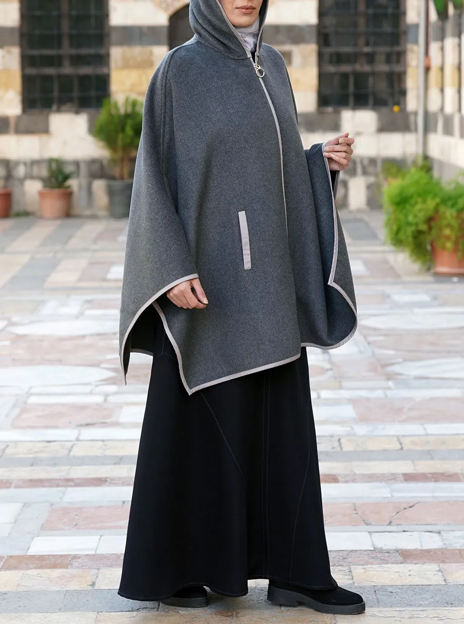 Contrast Trim Hooded Wool Poncho