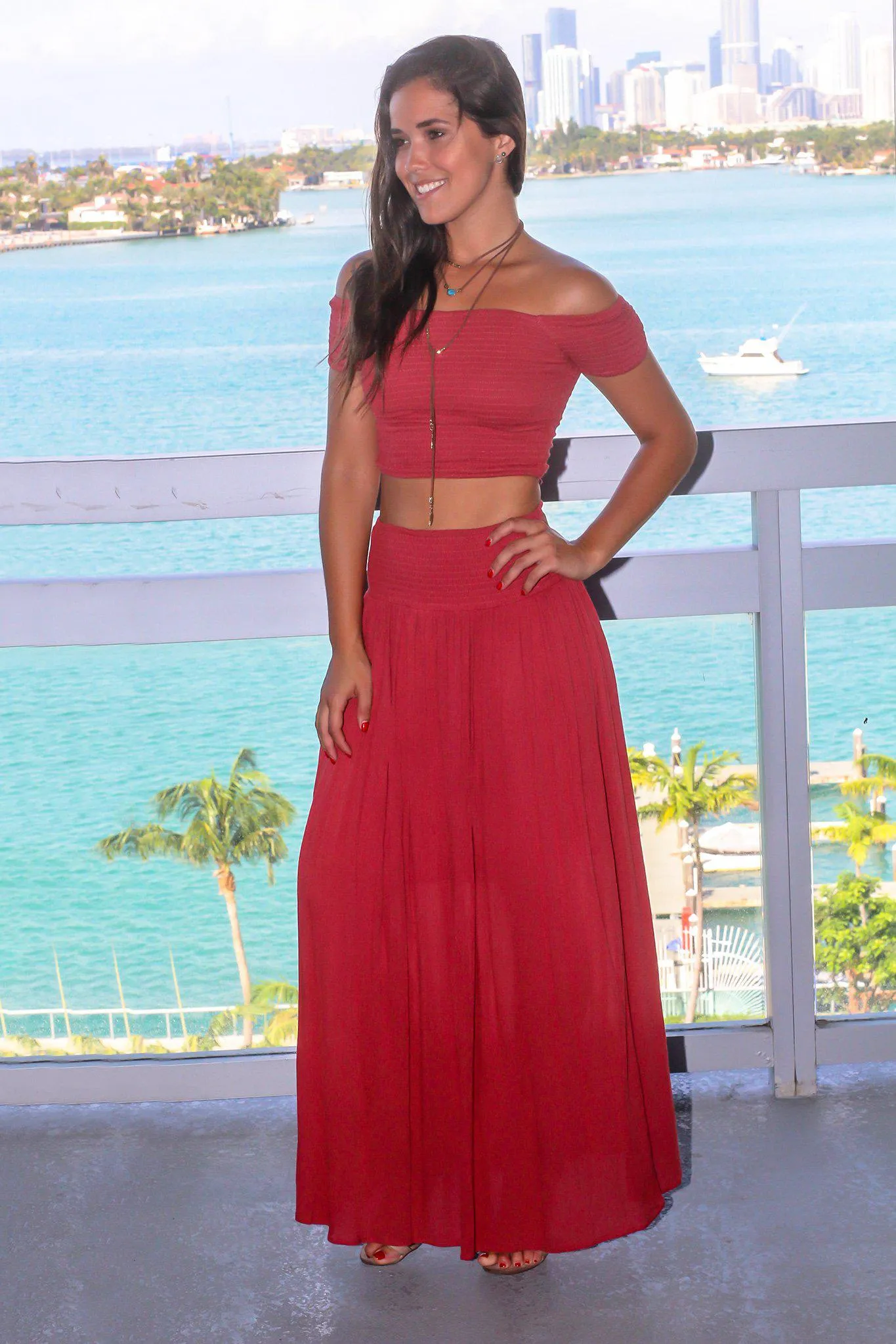 Coral Off Shoulder Two Piece Set