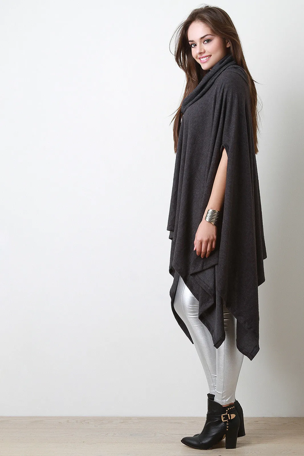 Cowl Neck Handkerchief Knit Poncho Maxi Top