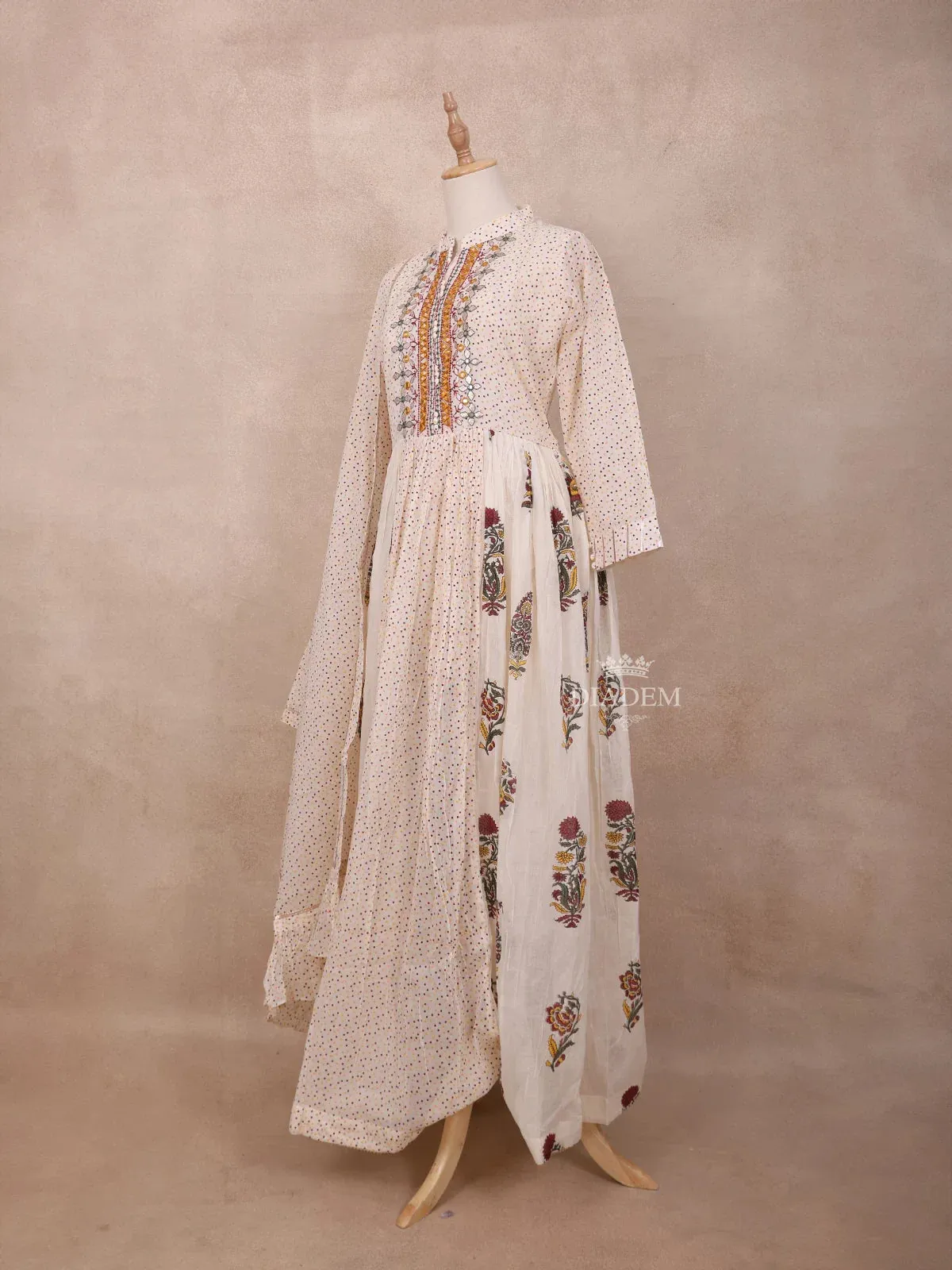 Creamy Kurti Top Adorned with Embroidery and Dot Floral Design with Dupatta