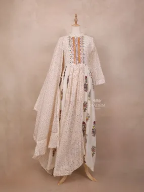 Creamy Kurti Top Adorned with Embroidery and Dot Floral Design with Dupatta