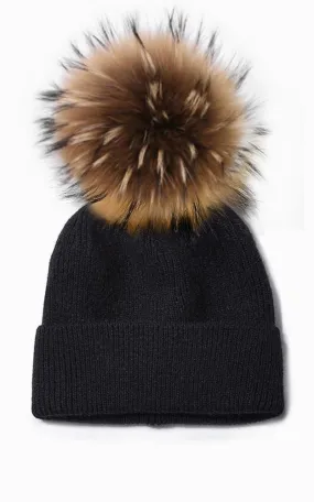 CWH3 Cashmere Wool Knit Natural Raccoon Fur Pom Pom Hat