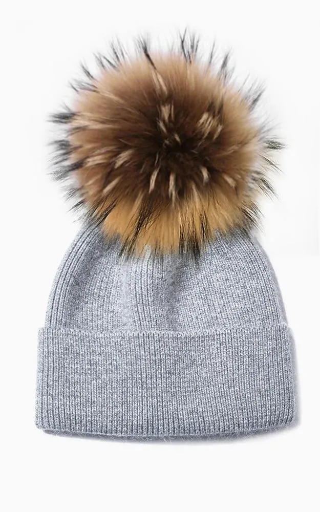 CWH3 Cashmere Wool Knit Natural Raccoon Fur Pom Pom Hat