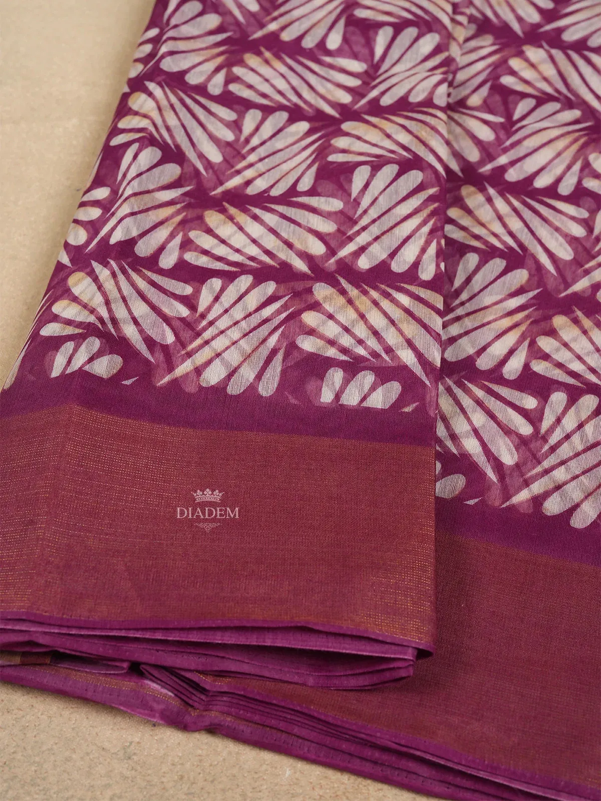 Dark Pink Linen Cotton Saree With Leaf Patterns On the Body with Matching Border