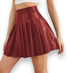 Dark Red Faux Leather Pleated Skirt