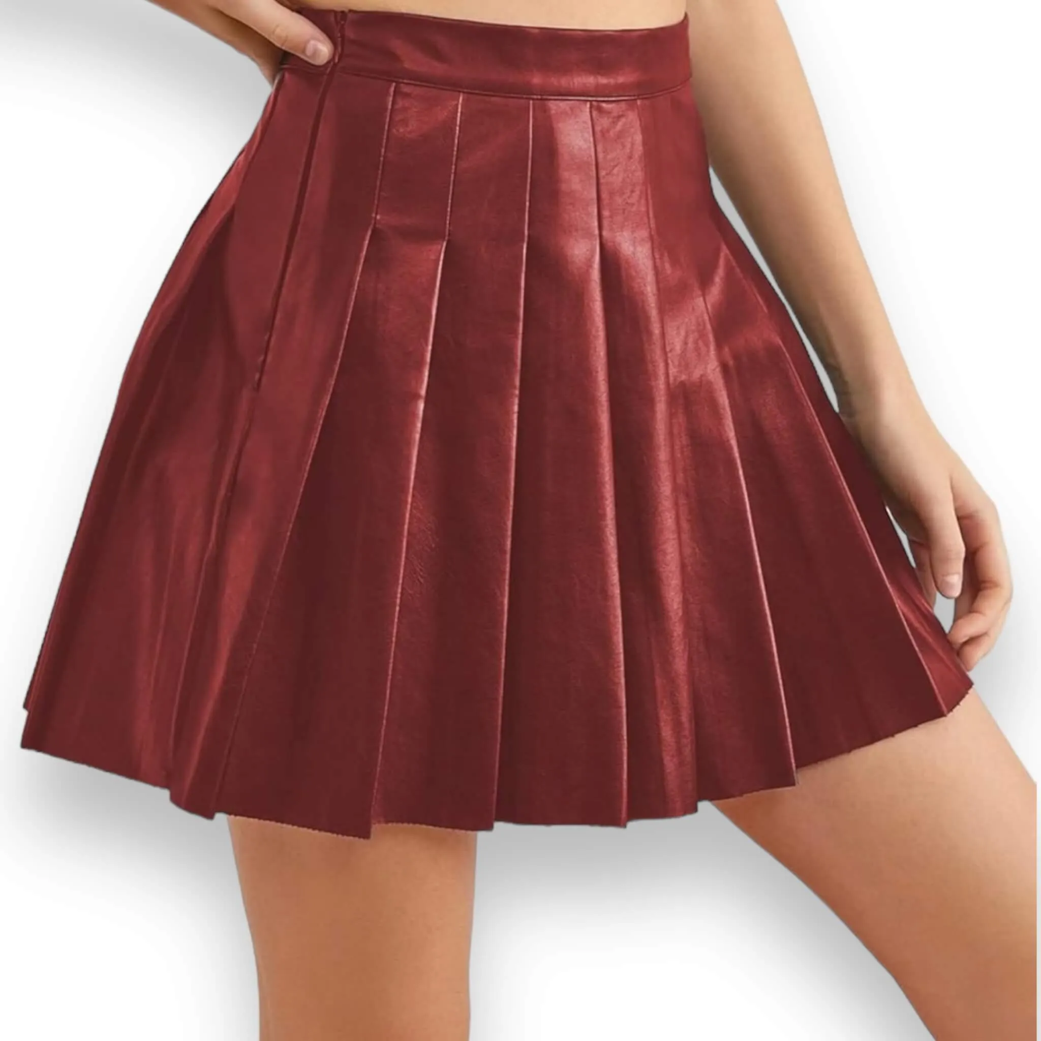 Dark Red Faux Leather Pleated Skirt