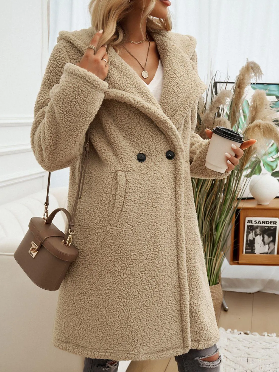 Devine Teddy Coat Pocketed Long Sleeve Hooded Buttoned Outwear