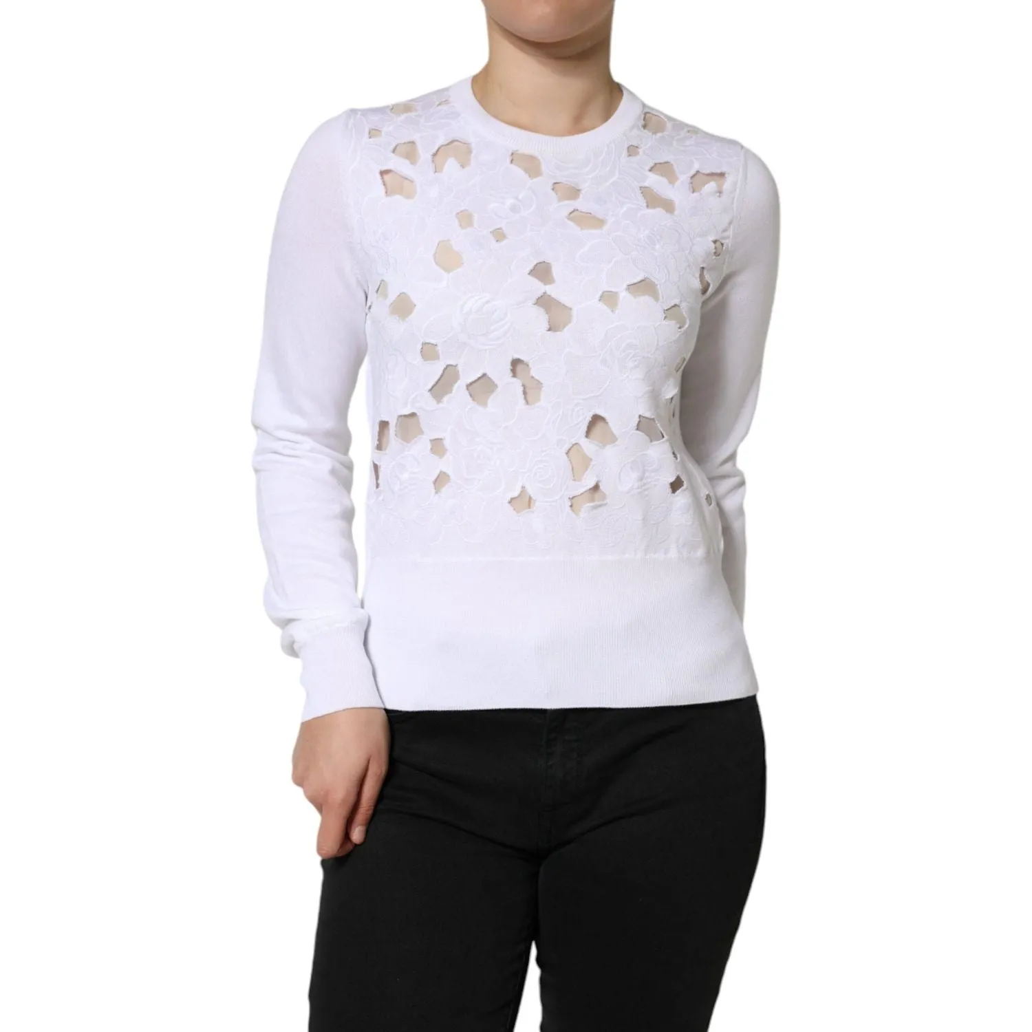 Dolce & Gabbana White Lace Cut Out Long Sleeves Pullover Sweater