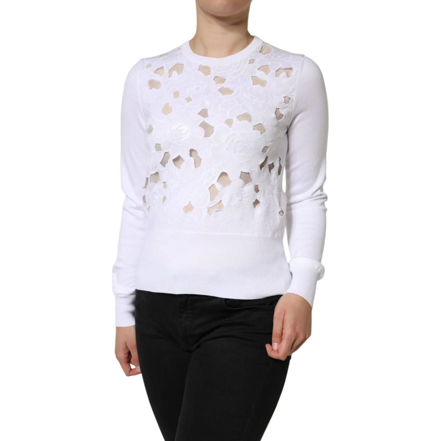 Dolce & Gabbana White Lace Cut Out Long Sleeves Pullover Sweater