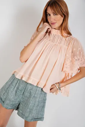 Easel Fairy Mock Neck Short Blouse - Peach