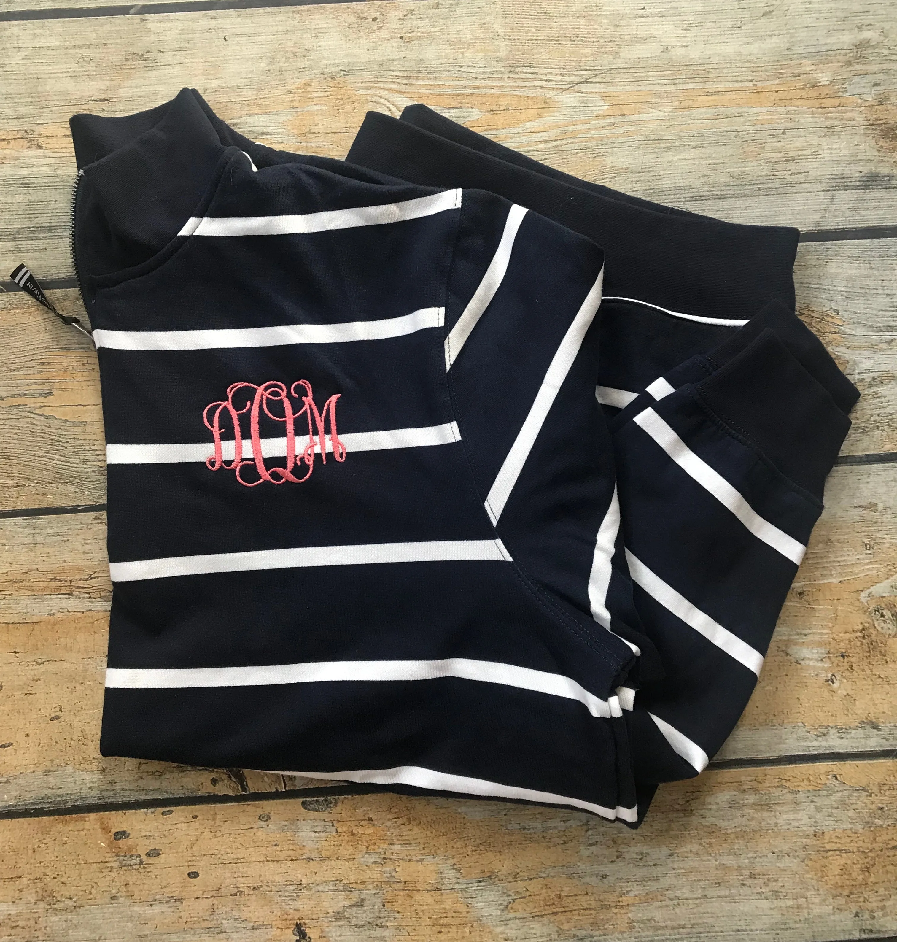 Embroidered Monogram 1/4 Zip Striped Unisex Pullover