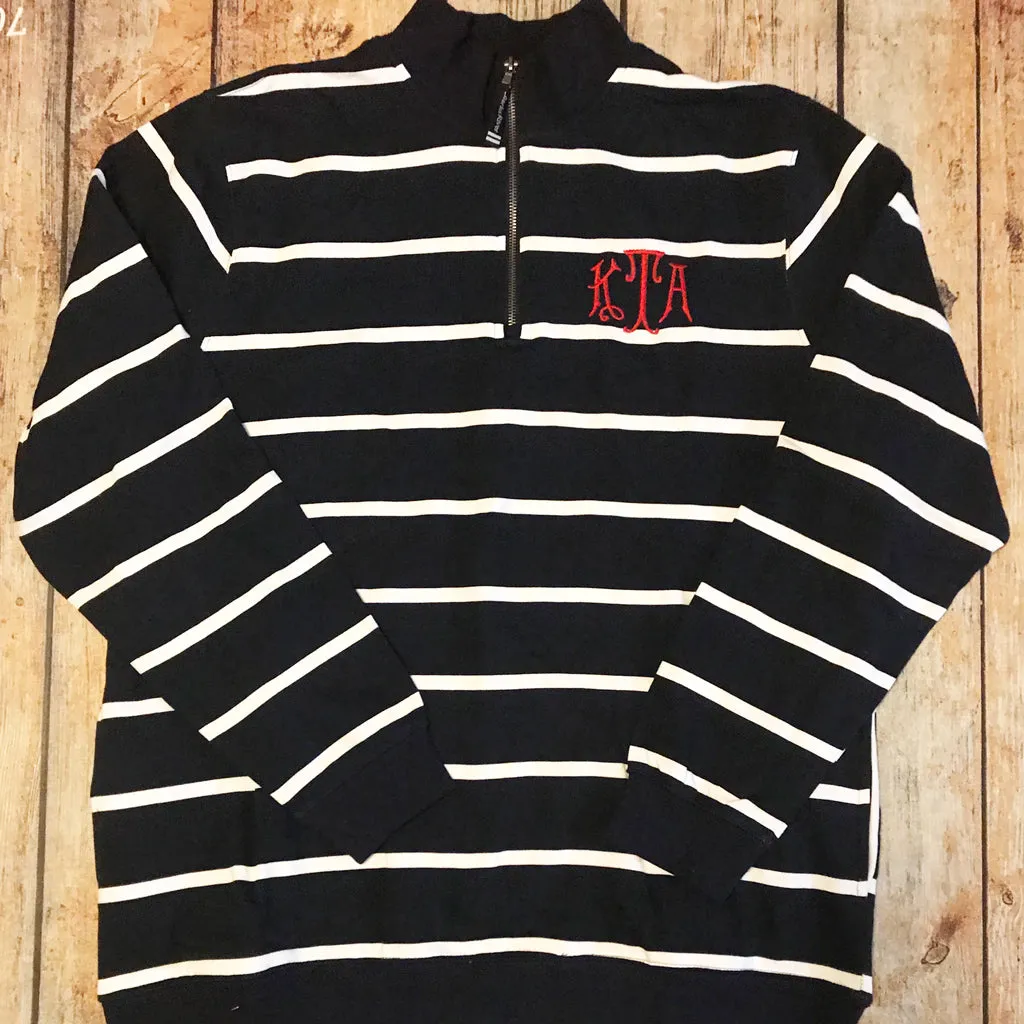 Embroidered Monogram 1/4 Zip Striped Unisex Pullover