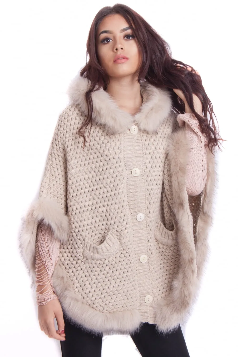 Faux Fur Knitted Hood Poncho