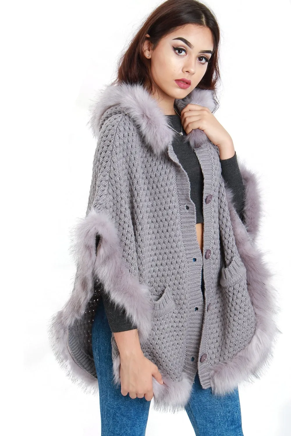 Faux Fur Knitted Hood Poncho