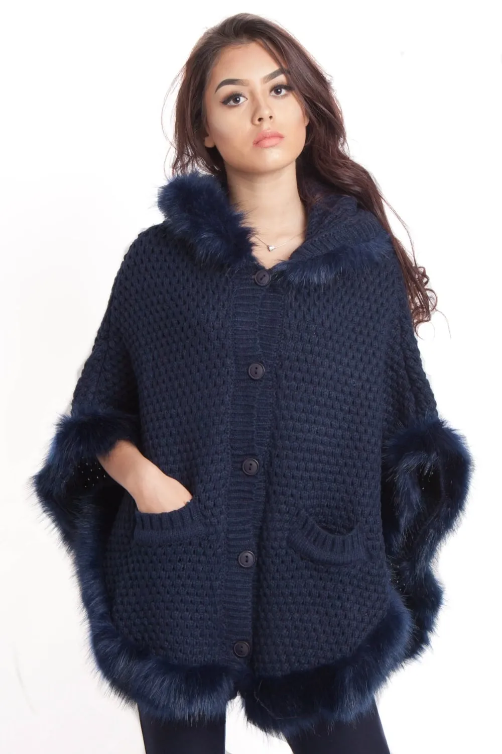 Faux Fur Knitted Hood Poncho