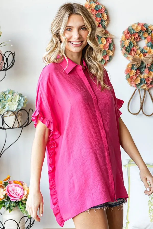 First Love Solid Color Crinkle Texture Top in Hot Pink