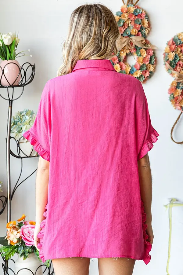 First Love Solid Color Crinkle Texture Top in Hot Pink