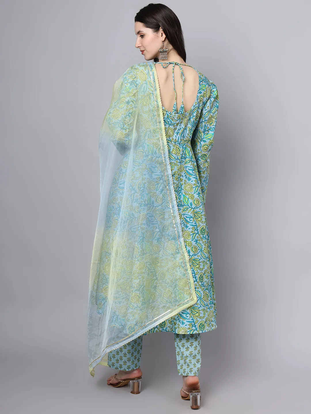 Floral Printed Sky Blue Cotton Anarkali Kurta Pant Dupatta Set