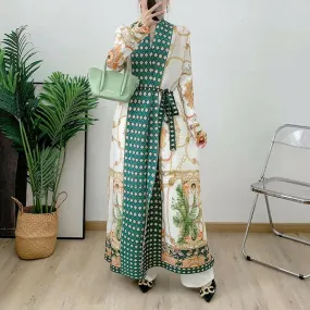 Flowy Green Polka Dot and Floral Printed Arab Robe Coat Jacket Cape