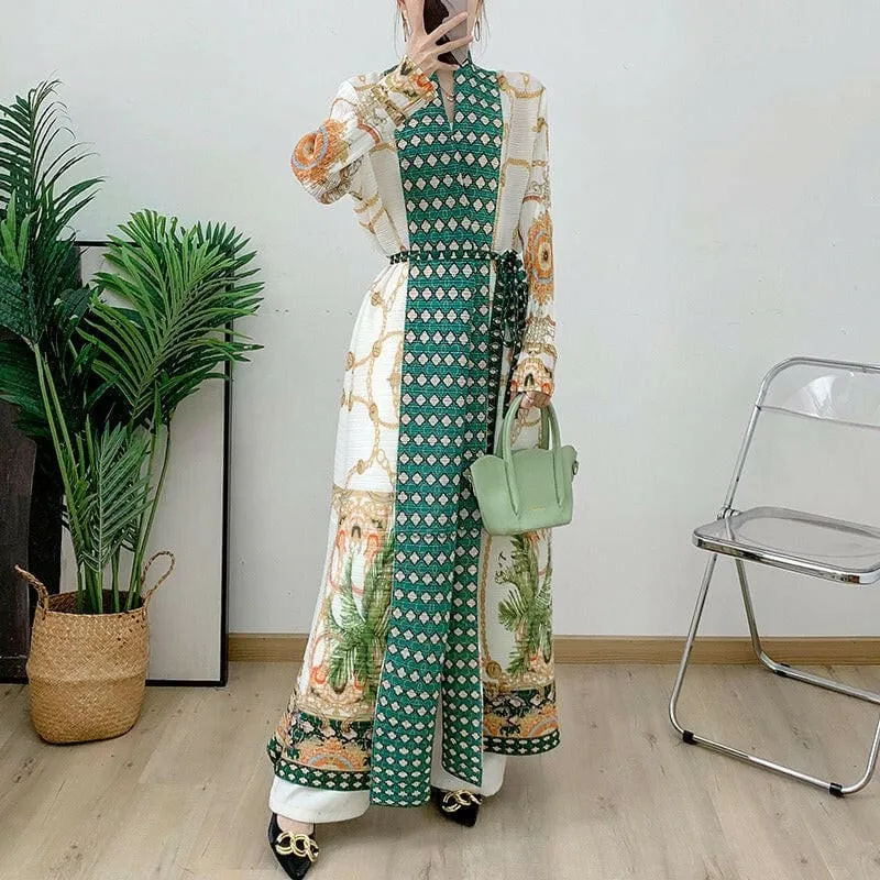 Flowy Green Polka Dot and Floral Printed Arab Robe Coat Jacket Cape