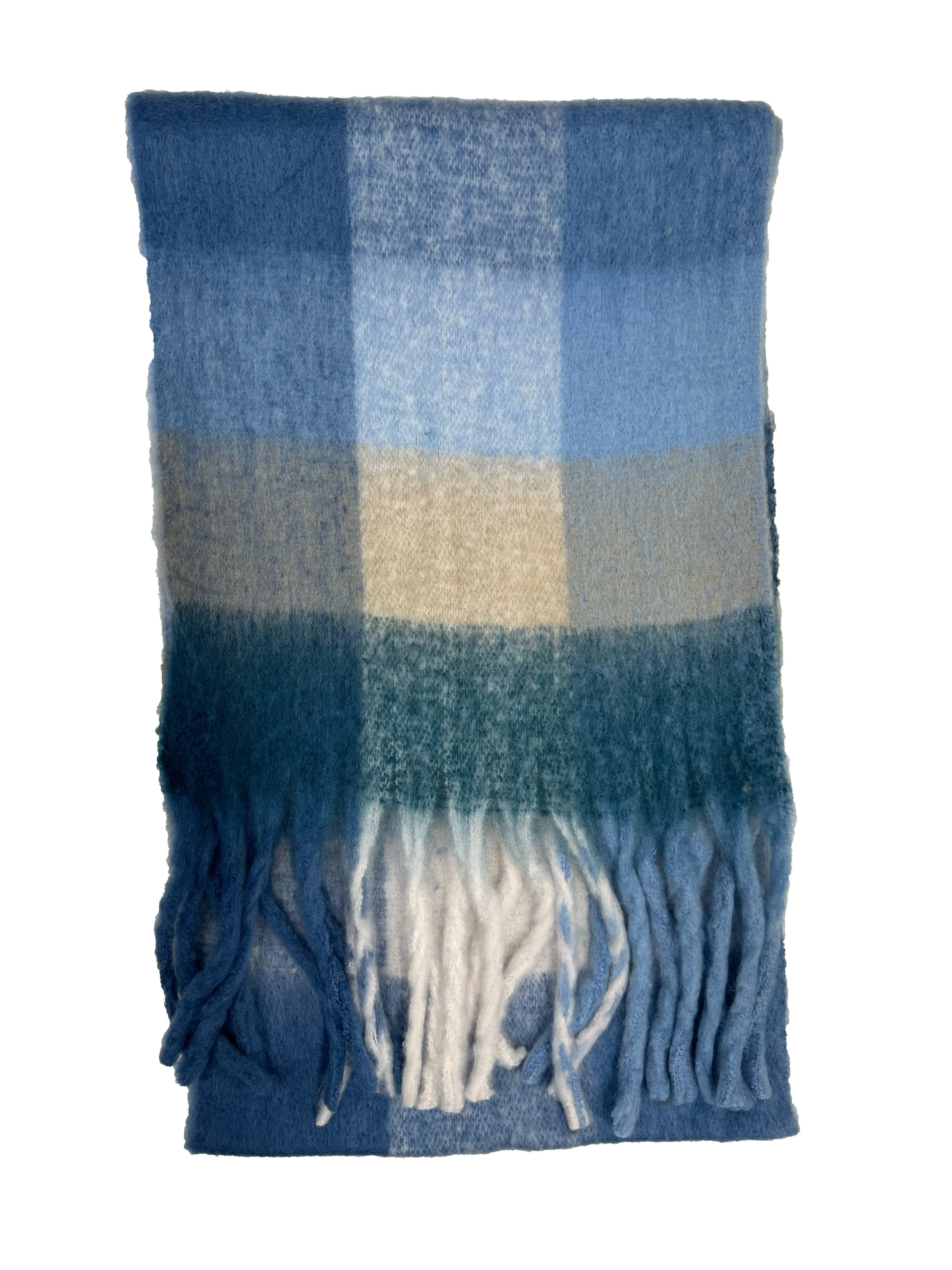 Fluffy Multicoloured Checkered Winter Scarf with Tassels