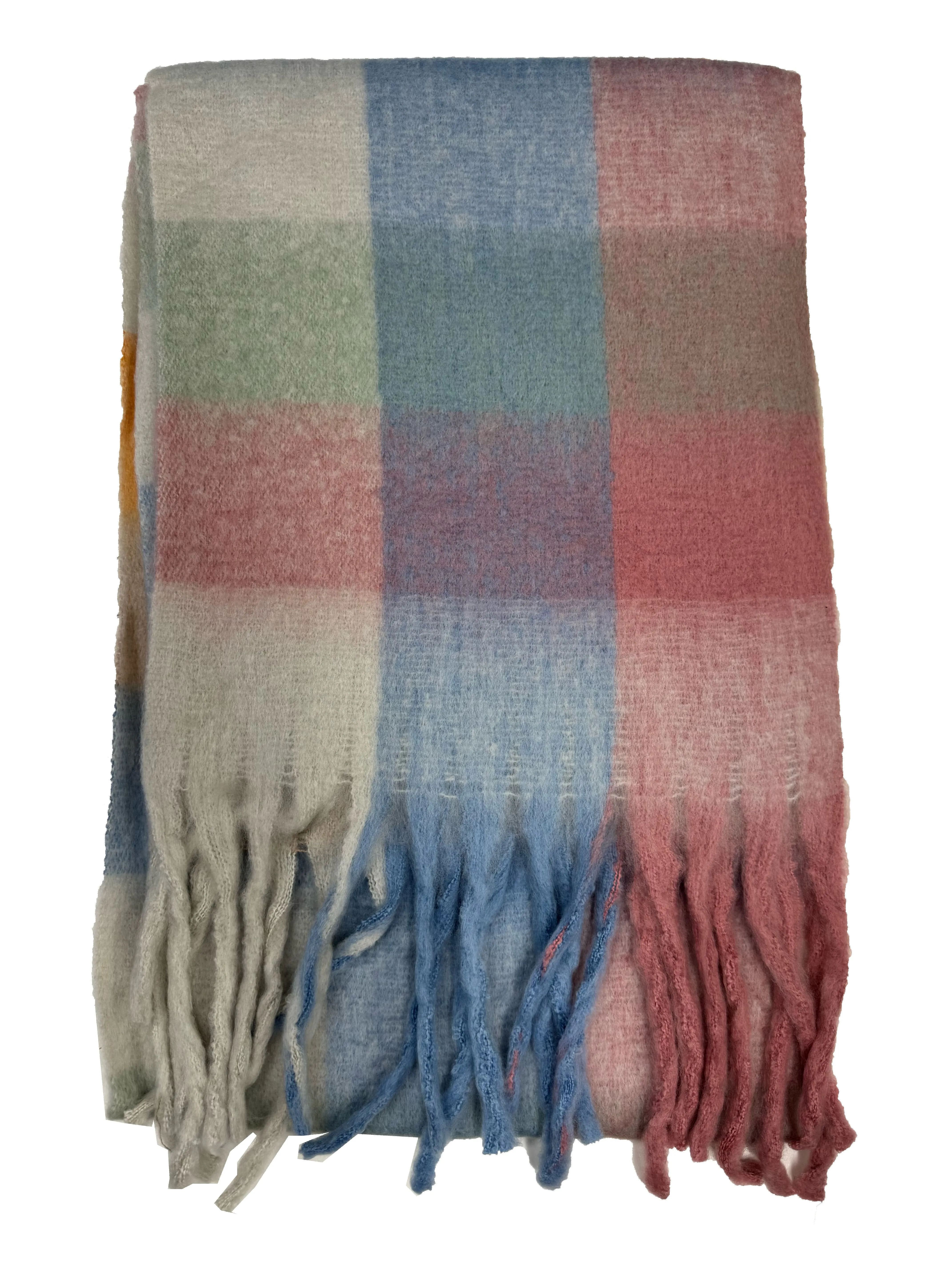 Fluffy Multicoloured Checkered Winter Scarf with Tassels