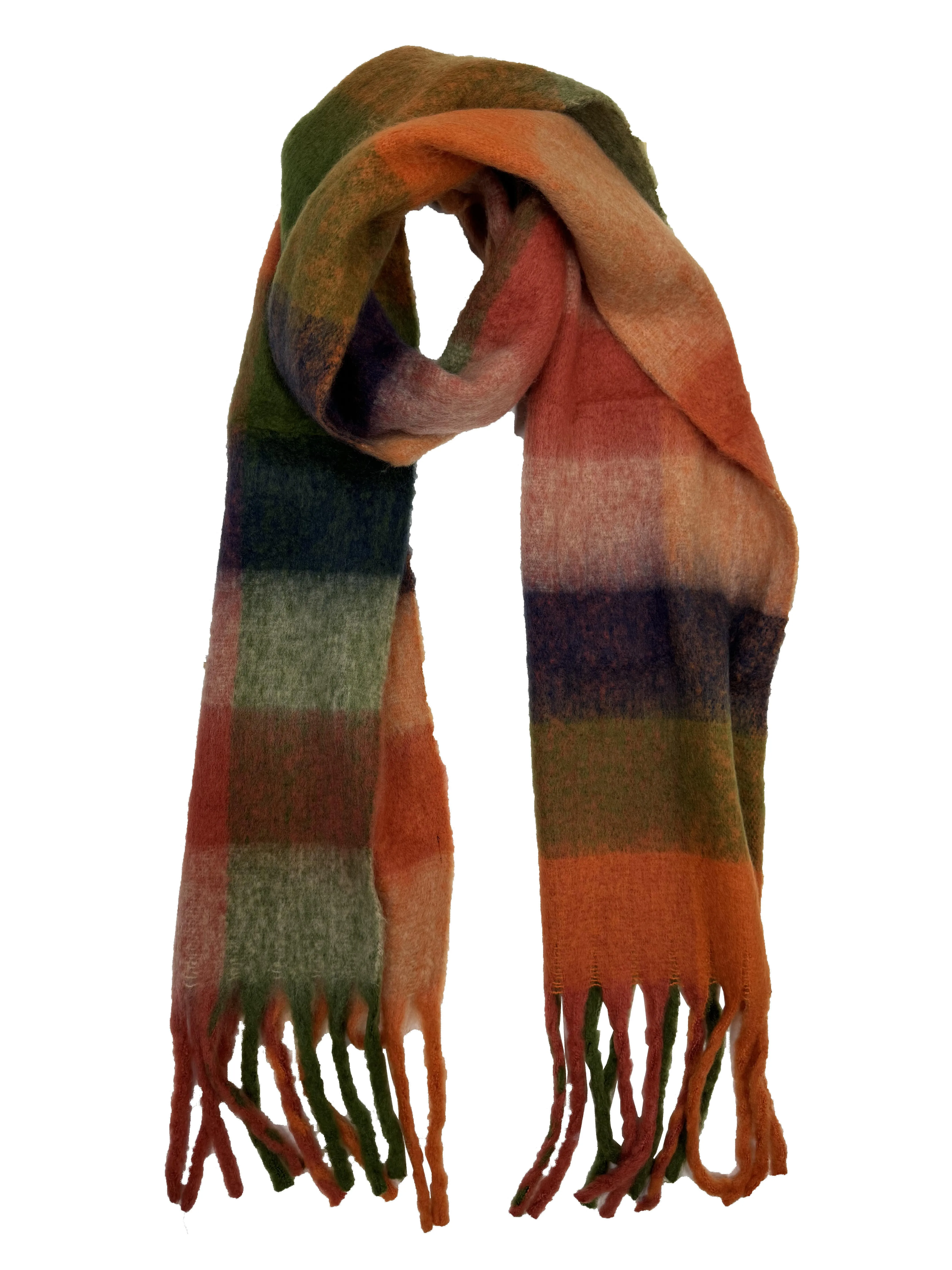 Fluffy Multicoloured Checkered Winter Scarf with Tassels