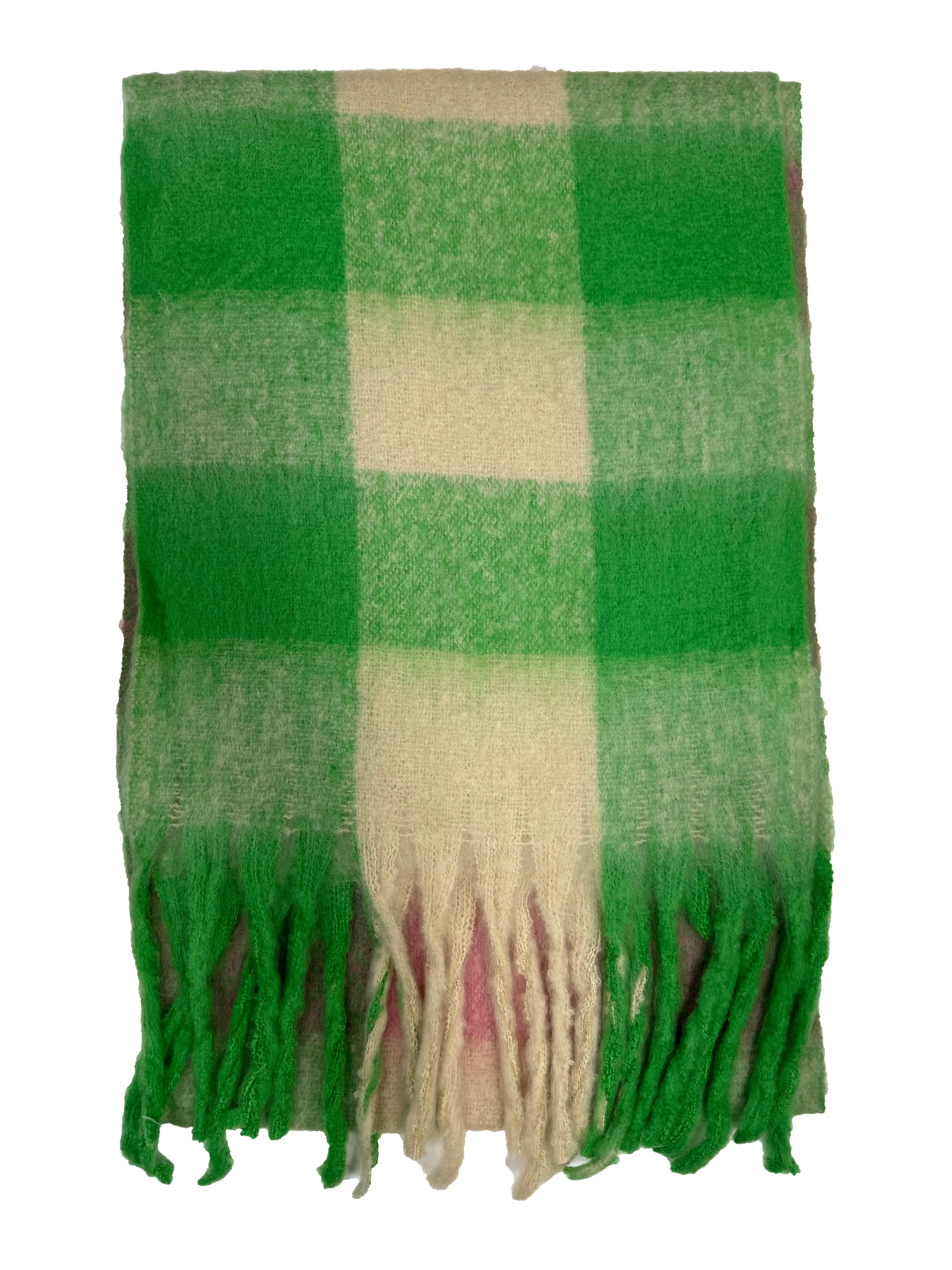 Fluffy Multicoloured Checkered Winter Scarf with Tassels